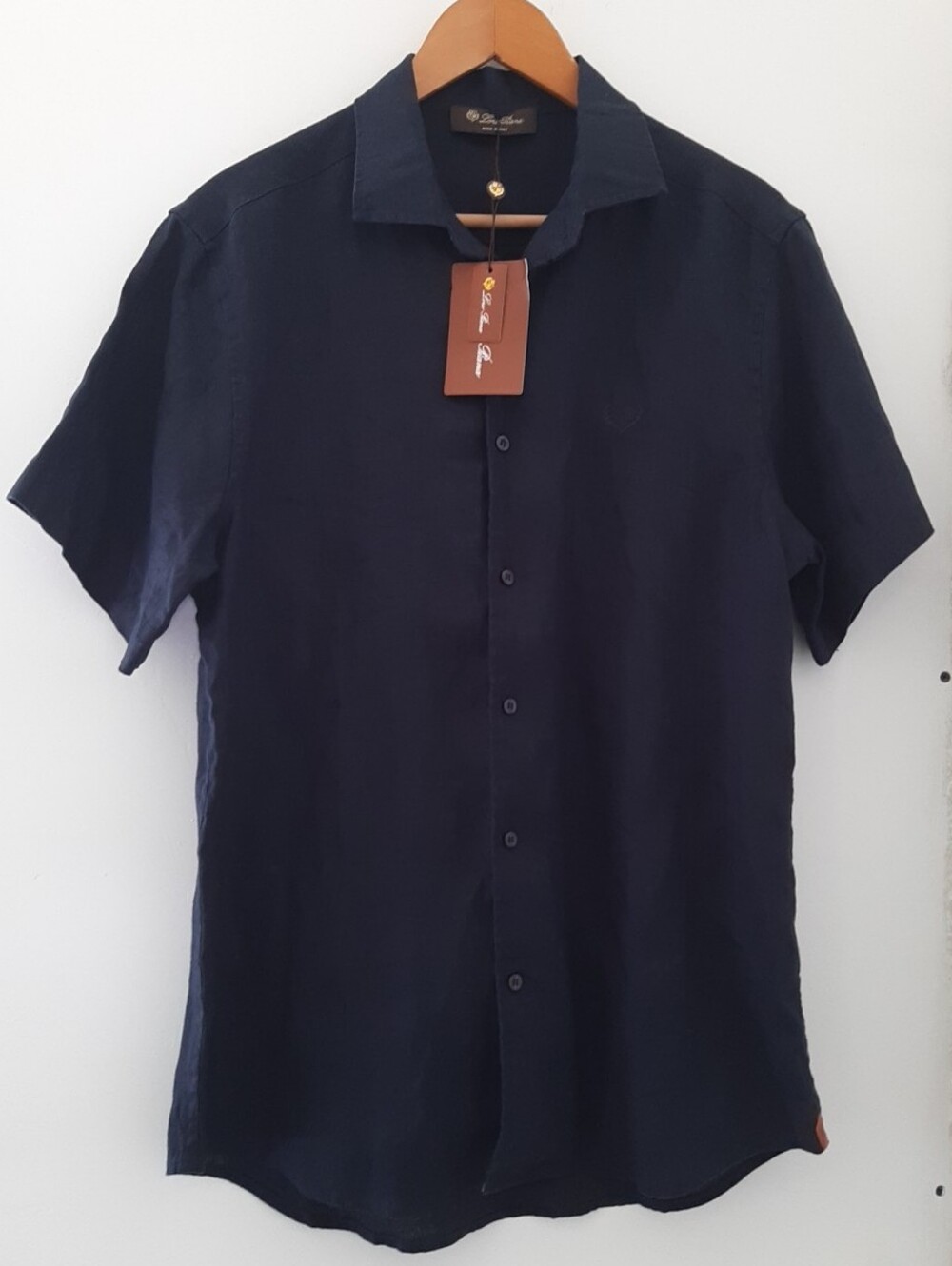 LORO PIANA 100% Linen Navy Short Sleeve Camp Collar Shirt Made in Italy Sz L